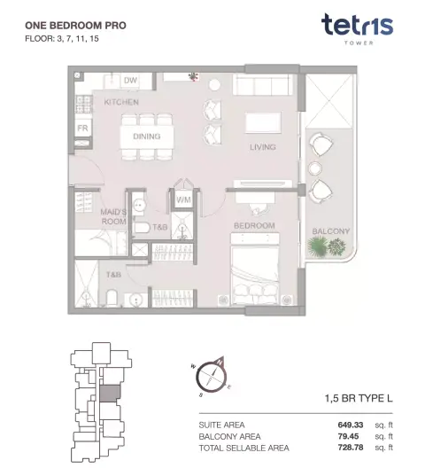 Tetris Tower: Floor plan One Bedroom Pro Floor  3, 7, 11, 15, 728 sq ft