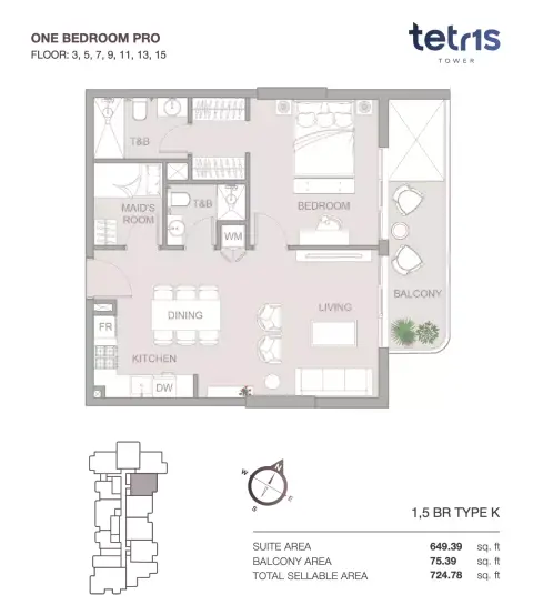 Tetris Tower: Floor plan One Bedroom Pro Floor 3, 5, 7, 9, 11, 13, 15, 724 sq ft
