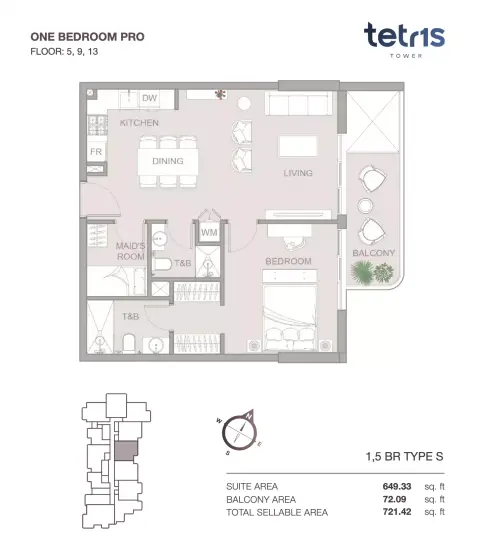 Tetris Tower: Floor plan One Bedroom Pro Floor  5, 9, 13, 721 sq ft