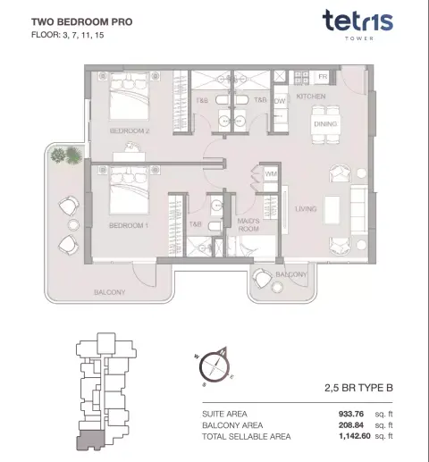 Tetris Tower: Floor plan Two Bedroom Pro Floor  3, 7, 11, 15, 1,142 sq ft