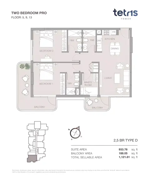 Tetris Tower: Floor plan Two Bedroom Pro Floor 5 -9 -13, 1,121 sq ft