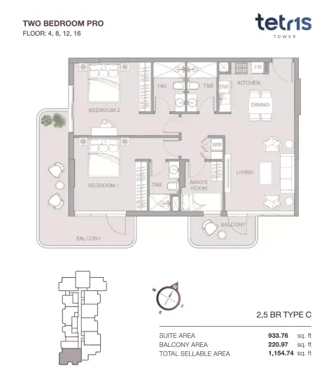 Tetris Tower: Floor plan Two Bedroom Pro Floor  4, 8, 12, 16, 1,154 sq ft