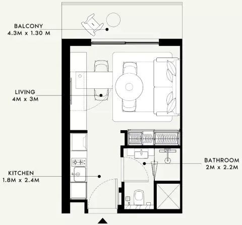 Azizi Milan 55: Floor plan Type A, 338 sq ft