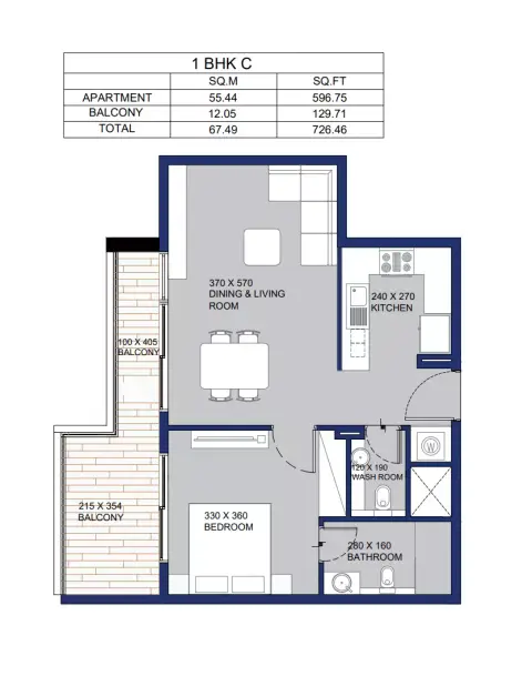 Garnet: Floor plan Type C, 726 sq ft