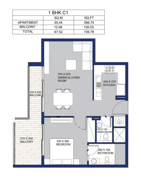 Garnet: Floor plan Type C1, 726 sq ft