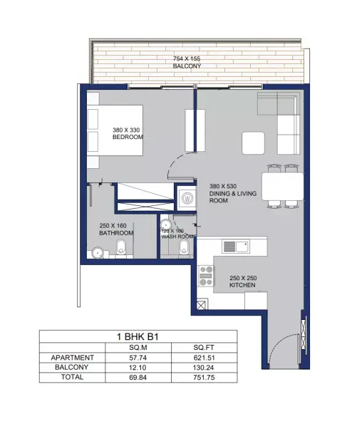 Garnet: Floor plan Type B1, 751 sq ft
