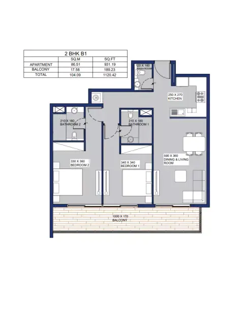 Garnet: Floor plan Type B1, 1,120 sq ft