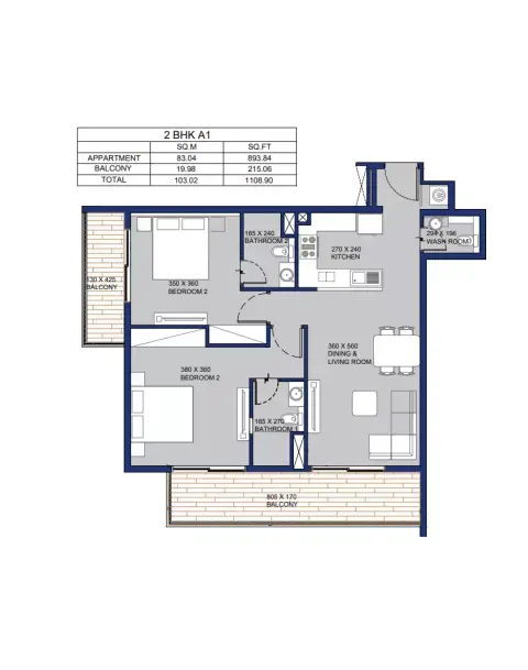 Garnet: Floor plan Type A1, 1,108 sq ft