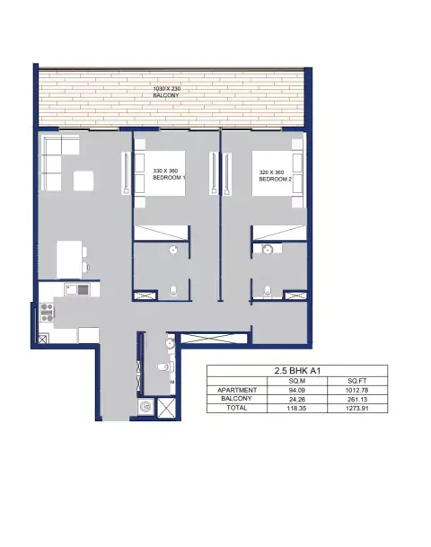 Garnet: Floor plan Type A1, 1,273 sq ft