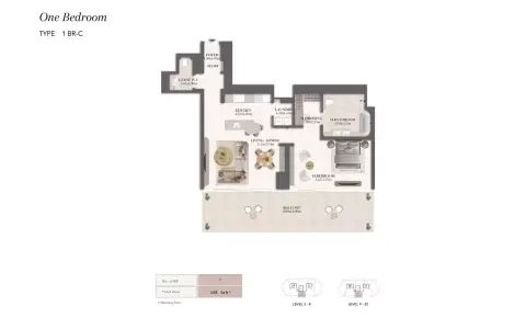 Jumeirah Residences: Floor plan Type C, 1,205 sq ft