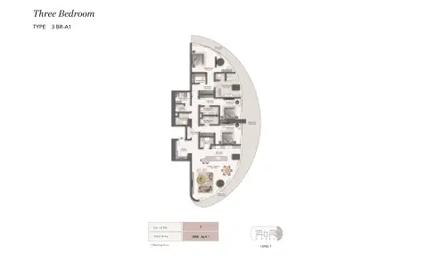 Jumeirah Residences: Floor plan Type A1, 3,008 sq ft