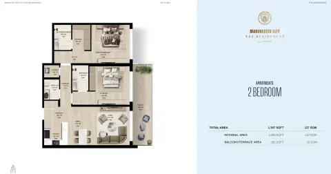 Manchester City Yas Residences A: Type 1, 1,367 sq ft 户型图