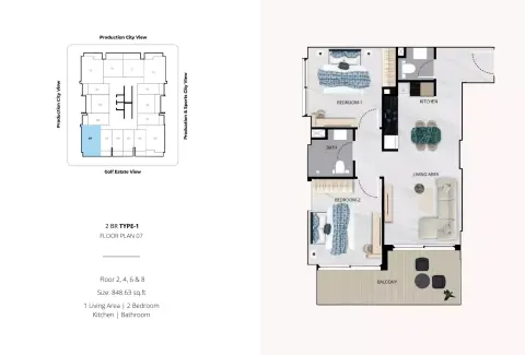 Vista Verde: फ़्लोर प्लान Type 1, 848 sq ft