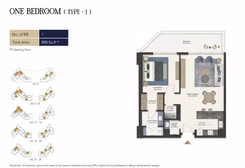 سيمونت أوتوغراف كولكشن ريزيدنسز: مخطط الطابق Type 1, 808 sq ft