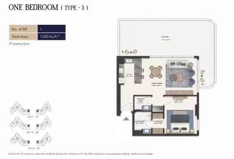 سيمونت أوتوغراف كولكشن ريزيدنسز: مخطط الطابق Type 3, 1,020 sq ft