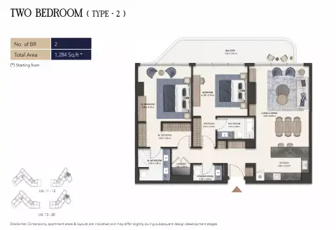 سيمونت أوتوغراف كولكشن ريزيدنسز: مخطط الطابق Type 2, 1,284 sq ft