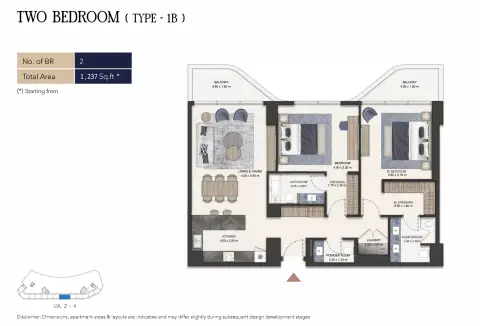 سيمونت أوتوغراف كولكشن ريزيدنسز: مخطط الطابق Type 1B, 1,237 sq ft
