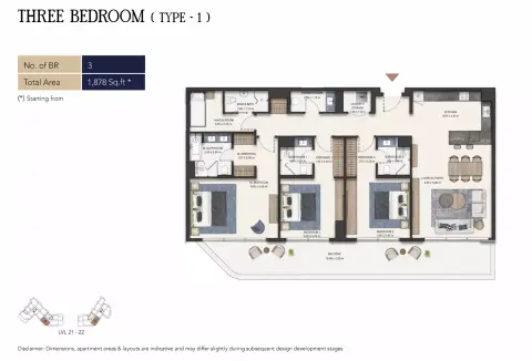سيمونت أوتوغراف كولكشن ريزيدنسز: مخطط الطابق Type 1, 1,878 sq ft