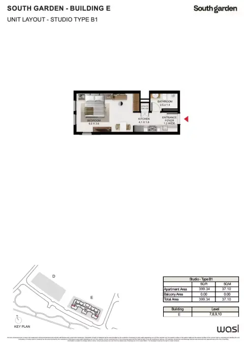 South Garden E: Floor plan Type B1, 399 sq ft