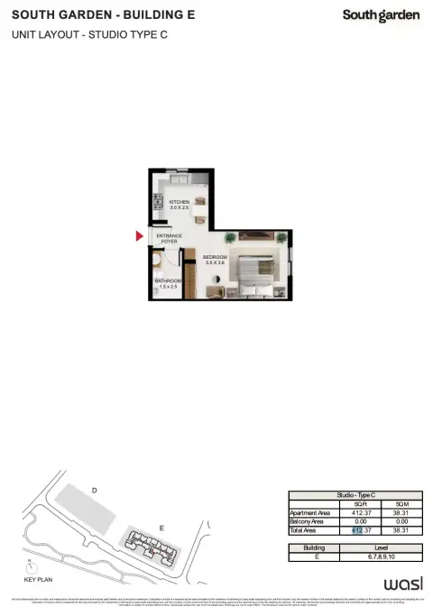 South Garden E: Floor plan Type C, 412 sq ft