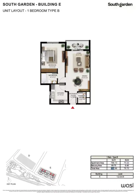 South Garden E: Floor plan Type B, 857 sq ft