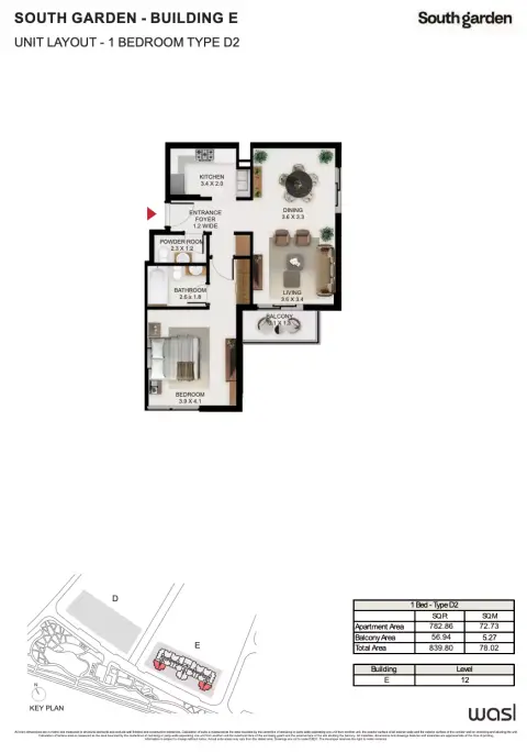 South Garden E: Floor plan Type D2, 840 sq ft