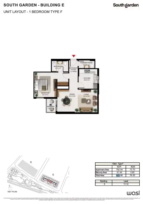 South Garden E: Floor plan Type F, 823 sq ft