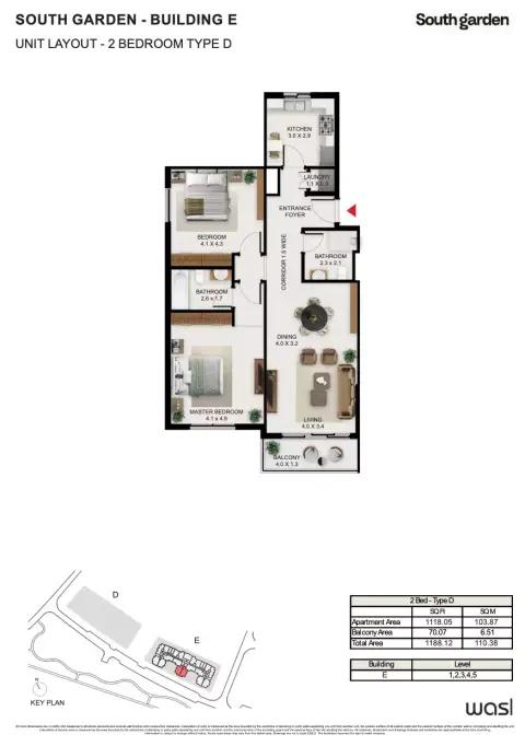South Garden E: Floor plan Type D, 1,188 sq ft