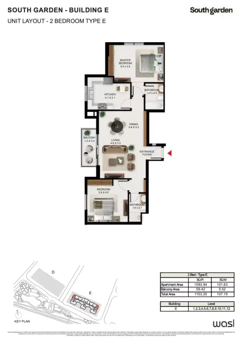 South Garden E: Floor plan Type E, 1,153 sq ft