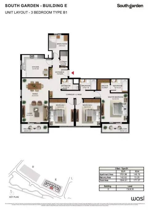 South Garden E: Floor plan Type B1, 1,844 sq ft