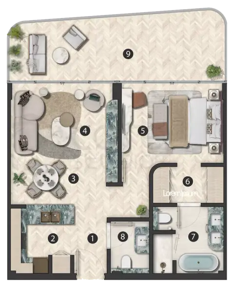 Hilton Residences Abu Dhabi Al Raha: Floor plan Type 101-F1&2, 861 sq ft