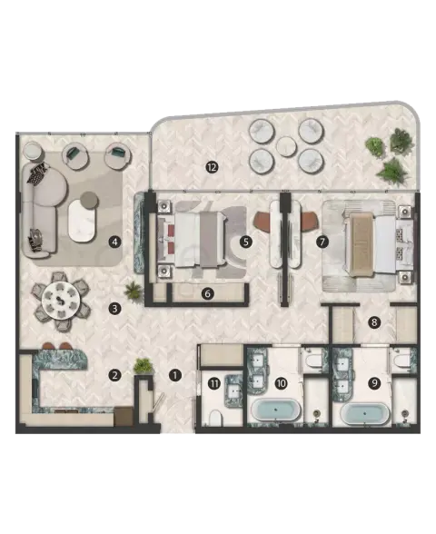 Hilton Residences Abu Dhabi Al Raha: Floor plan Type 608-F6&7, 1,317 sq ft