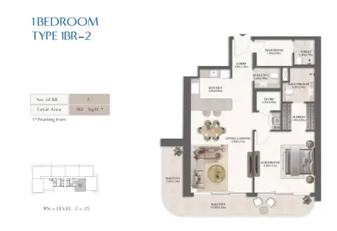 Rotana Residences North Tower: Type 2, 1,112 sq ft 户型图