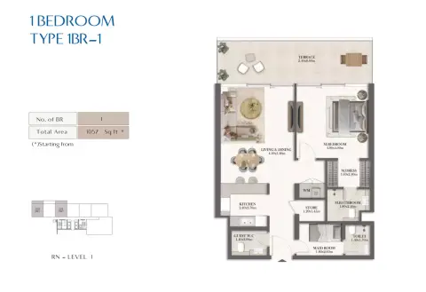 Rotana Residences North Tower: Type 1, 1,057 sq ft 户型图