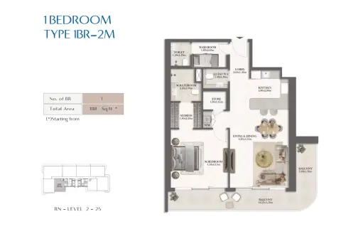 Rotana Residences North Tower: Type 2M, 1,118 sq ft 户型图