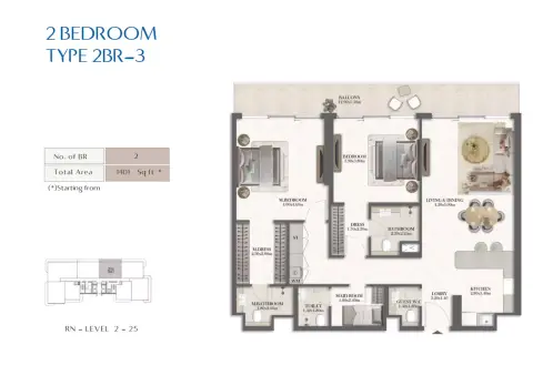 Rotana Residences North Tower: Type 3, 1,401 sq ft 户型图