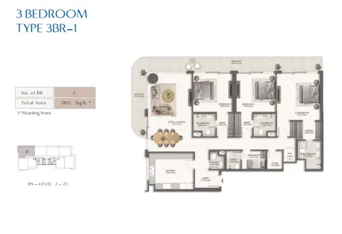 Rotana Residences North Tower: Type 1, 2,100 sq ft 户型图
