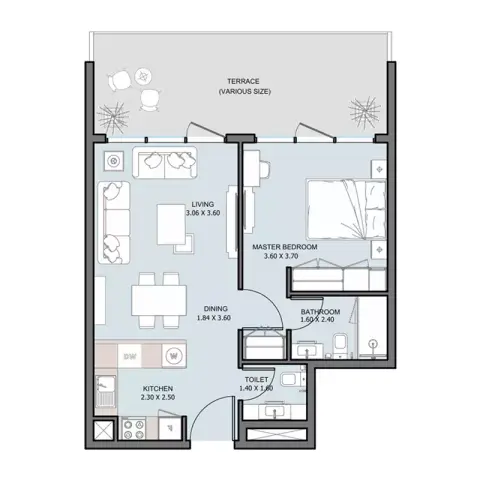 The District: Floor plan Type A, 683 sq ft