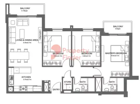 ريمان ليفينج المرحلة 2 من الدار: مخطط الطابق Type A, 1,076 sq ft