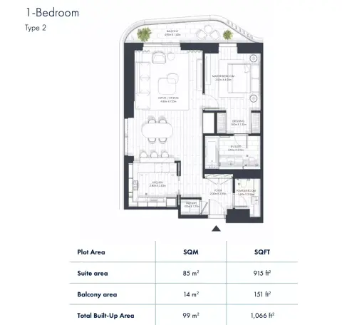 Sunstone Residences: Floor plan Type 2, 1,066 sq ft