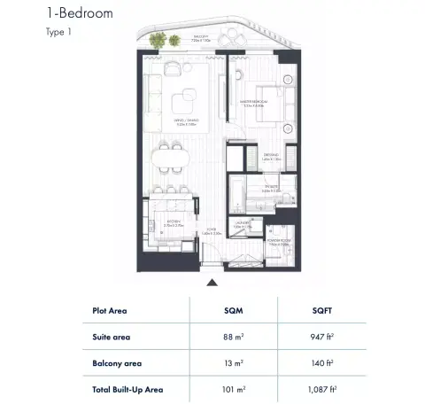 Sunstone Residences: Floor plan Type 1, 1,087 sq ft