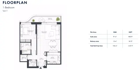 Sunstone Residences: Floor plan Type 3, 1,141 sq ft