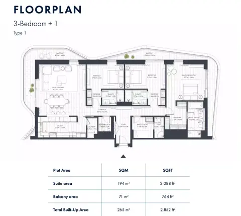 Sunstone Residences: Floor plan Type 1, 2,852 sq ft