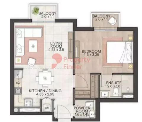 Granada: Floor plan Type B1, 677 sq ft
