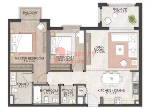 Granada: Floor plan Type A, 1,080 sq ft