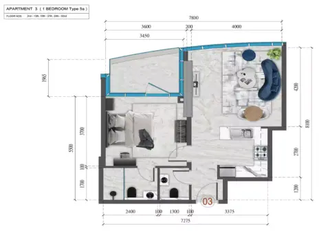 Renad Tower: Type 3, 615 sq ft 户型图