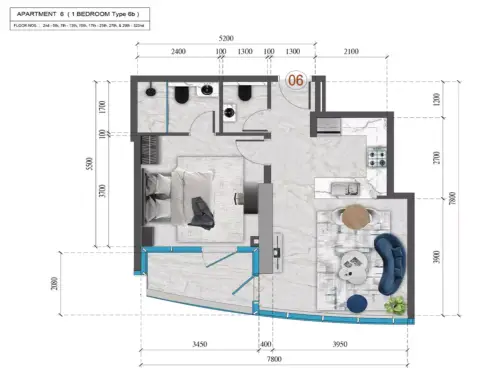 Renad Tower: Type 6B, 588 sq ft 户型图
