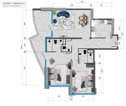 Renad Tower: Type 1, 1,265 sq ft 户型图