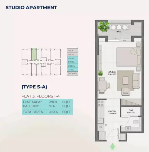 Reeman Residence 01: फ़्लोर प्लान Type A, 463 sq ft