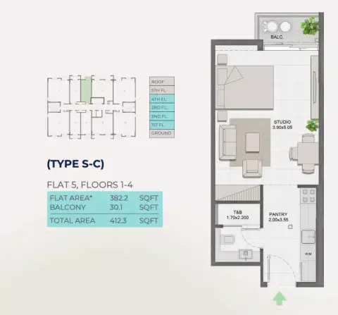 Reeman Residence 01: फ़्लोर प्लान Type C, 412 sq ft